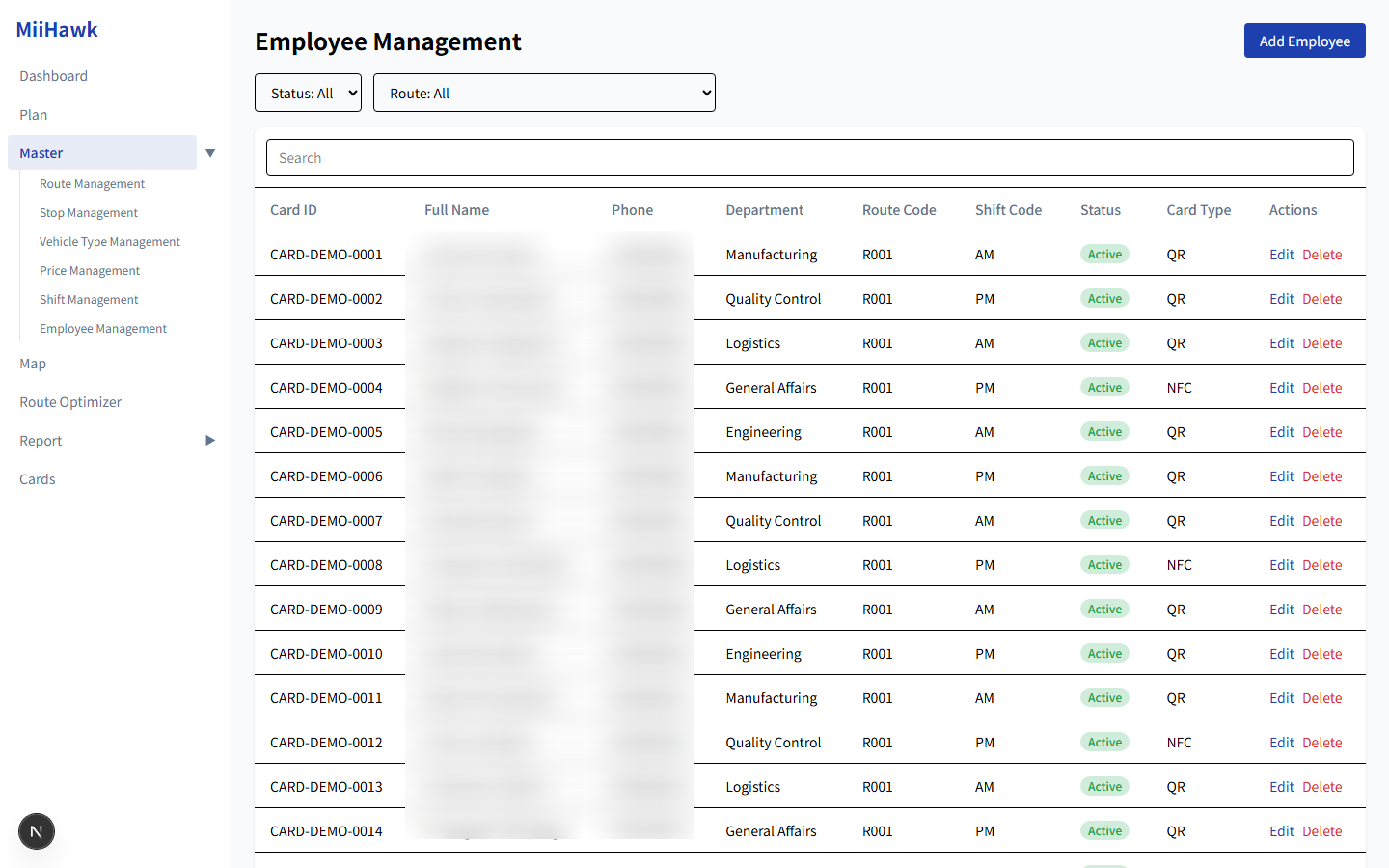 MiiHawk 従業員マスタ管理画面 — カードID・所属部門・ルート・シフトを一覧管理しCSVインポートにも対応